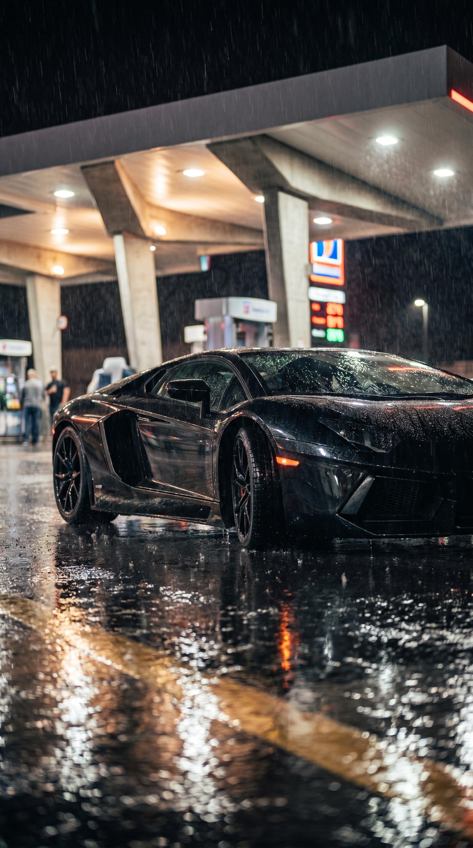 A black sports car in a rainy cinematic setting